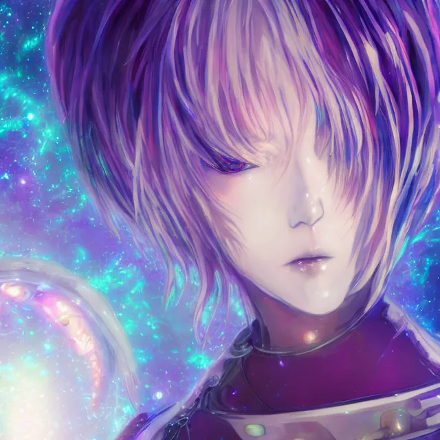 Prompt: rei ayanami, deep space, seascape, grimes, lain iwakura, silver hair, masterpiece by shikinami asuka langley, cosmos, psychedelic flowers, black opal, rainbow aura quartz, organic, oni compound artwork, of character, render, artstation, portrait, wizard, beeple, art, fantasy, epcot, psychedelic glitchcore