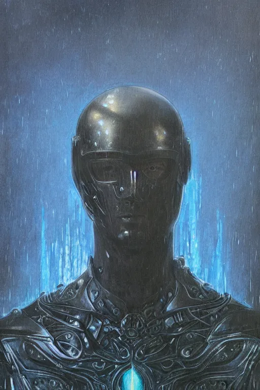 Prompt: portrait of beautiful gothic and futuristic young man, more thunderstorm, cyber armor, a lot of scars,, blue head, the middle ages, highly detailed, artstation, illustration, art by jean delville, 8 k quality, art by greg gandy