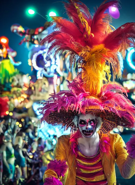 Image similar to professional photography, octane render, beautiful aesthetic whimsical horror, carnival, fools and jesters performing at a carnival, high-resolution, extreme detail, beautiful colorful lights