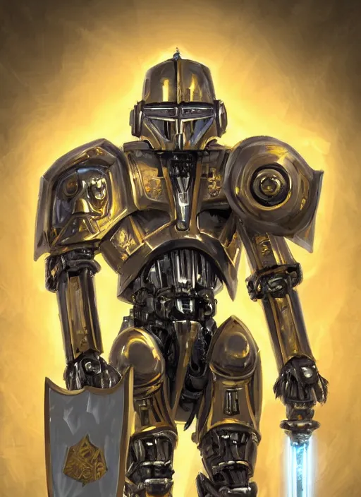 Image similar to full body, dynamic attack position abstract portrait of a intricate glorious holy mechanical warforged character in yellow armor holding a paladin engraved great longsword drawn and carrying a big paladin shield, glowing!!!! eye!!!!!, face in focus, pit droid, epic , trending on ArtStation, masterpiece, cinematic lighting, by Ross Tran and by Greg Rutkowski