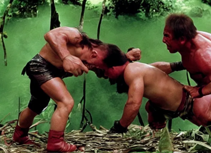 Prompt: hulk hogan wrestling warwick davis in a jungle, movie still, an explosion is in the background, 8 k, realistic
