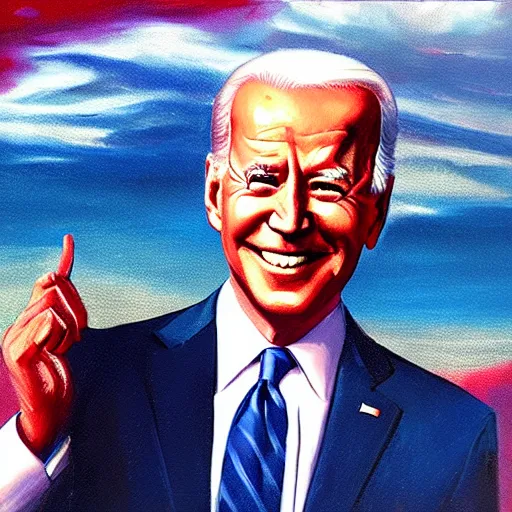 Prompt: Joe Biden flying in the sky as a divine god, Biden has glowing red eyes, oil painting