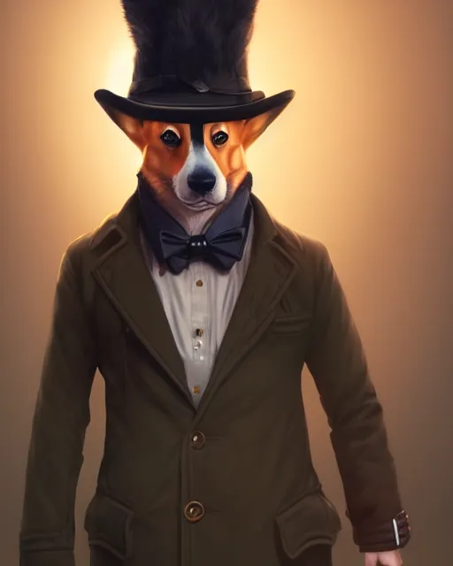 Image similar to corgi portrait, handsome, hat, detective coat, monocle, complex 3 d render by ilya kuvshinov, peter mohrbacher, greg rutkowski, ryohei hase, dramatic lighting, intricate, highly detailed, sharp focus, luminous, unreal engine, blender, artstation, masterpiece, ray tracing