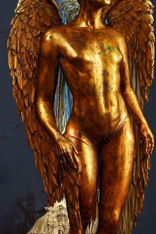 Image similar to realistic detailed statue the holy sacred mechanic angel with stained rust golden wings, body full of scars, made by Karol Bak, Mark Brooks and Bernini. Rich colors. Beksinski and Gerhard Richter painting. Masterpiece