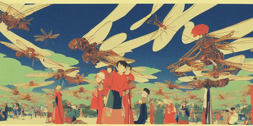 Image similar to gigantic dragonflies with human faces catch tiny robots, a lot of exotic mechas robots around, human heads everywhere, risograph by kawase hasui, edward hopper, satoshi kon and moebius, no text!, colorful flat surreal design, super - detailed, a lot of tiny details, fullshot