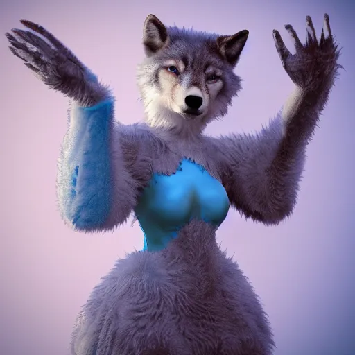 Prompt: 3 d render, well toned, large tall, female anthropomorphic wolf, blue fur and scales with white spots and wings on her back, icey blue dress, fur covering her chest.