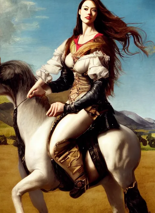 Prompt: sophia vergara riding a stallion, by Kat Dennings, Titian, WLOP, Caravaggio, 4k, artstation