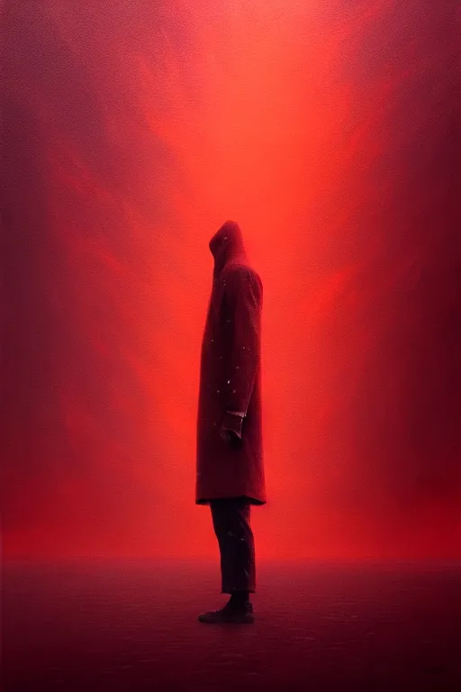 Image similar to a painting of a person standing in the snow, blizzard, a surrealist painting by zdzisław beksinski and by alena aenami, deviantart, nuclear art, dystopian art, apocalypse landscape, red color scheme, surrealist