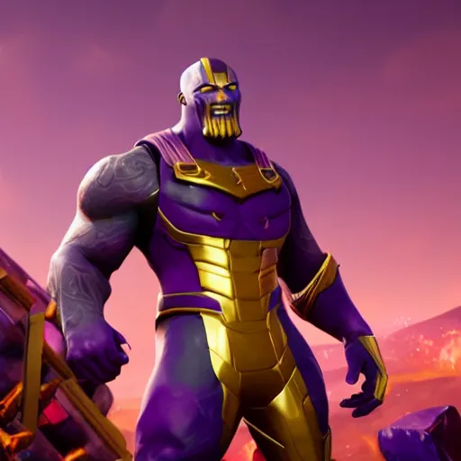 Image similar to a dramatic picture of thanos in fortnite, stunning screenshot