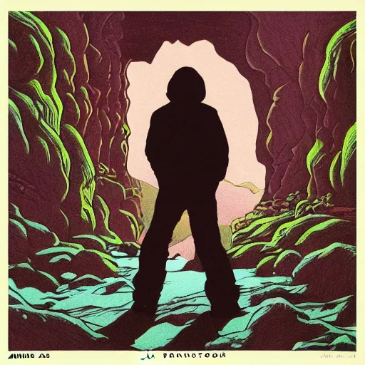 Prompt: a drawing of a person standing in a canyon, an album cover by alson s. clark, tumblr contest winner, underground comix, concert poster, official art, poster art