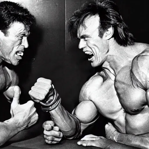 Image similar to hulk arm-wrestling with arnold schwarzenneger