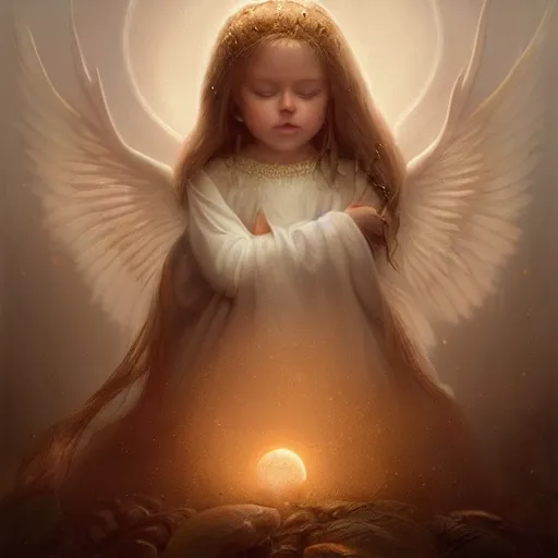 Image similar to A beautiful digital painting of a baby Seraphim, princess, the moon behind her, intricate, cinematic lighting, highly detailed, digital painting, Artstation, concept art, smooth, sharp focus, illustration, art by Tom Bagshaw, Artgerm and Greg Rutkowski