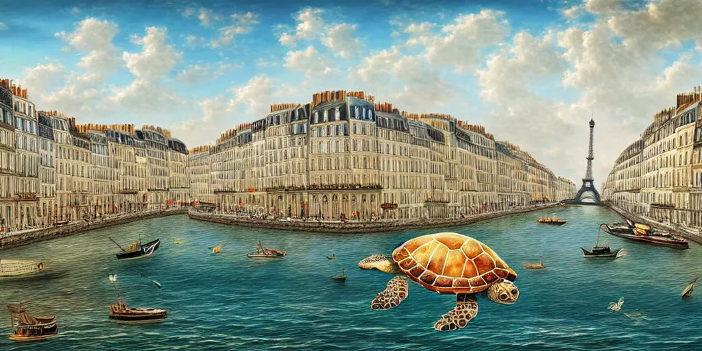 Image similar to master piece stunning digital painting of a parisian small city contained on the top of a giant sea turtle