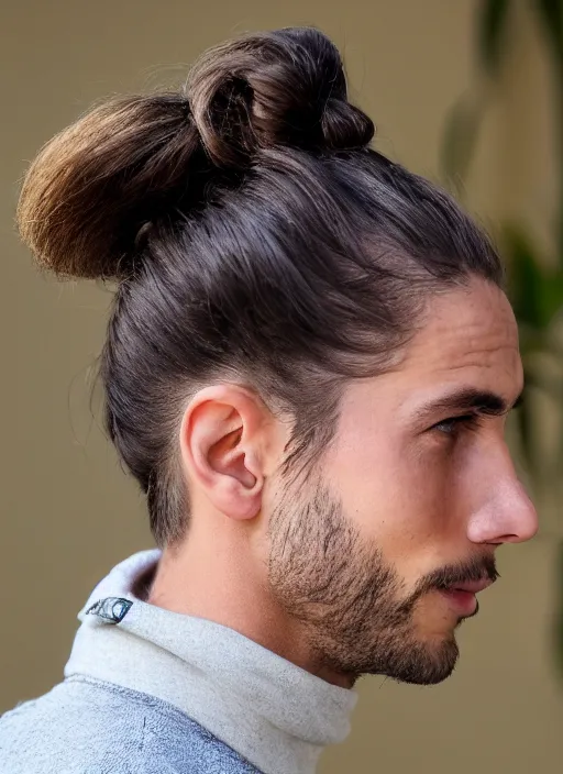 Image similar to a skinny young white male with a dark brown man bun for hair