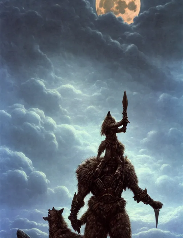 Prompt: a bipedal wolf that is wearing full iron plate armor, and holding a colossal sword, over his shoulder, as a matte oil painting and d & d character art, by beksinski, standing, fullbody, fluffy tail, full moon, cumulus clouds, award - winning, extremely detailed, sharp focus