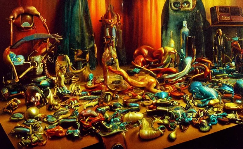 Image similar to blade runner, disturbing colorful oil painting dutch golden age vanitas still life sparse composition with bizarre objects strange gooey transparent surfaces shiny metal reflections bizarre mutant meat insects rachel ruysch dali todd schorr very detailed perfect composition rule of thirds masterpiece canon 5 0 mm, cinematic lighting, photography, retro, film, kodachrome