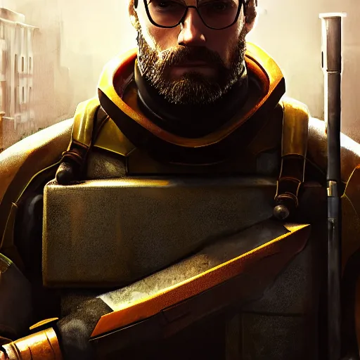 Image similar to a potrait of Henry Cavill as Gordon Freeman in half-life 2 with full armory by Greg Rutkowski, Sung Choi, Mitchell Mohrhauser, Maciej Kuciara, Johnson Ting, Maxim Verehin, Peter Konig, Zack Snyder, 8k photorealistic, cinematic lighting, HD, high details, dramatic, trending on artstation, full body shot