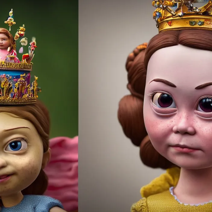 Image similar to highly detailed closeup, face profile portrait of greta thunberg as a tin toy fairytale princess wearing a crown eating cakes, bikini, unreal engine, nicoletta ceccoli, mark ryden, earl norem, lostfish, global illumination, detailed and intricate environment