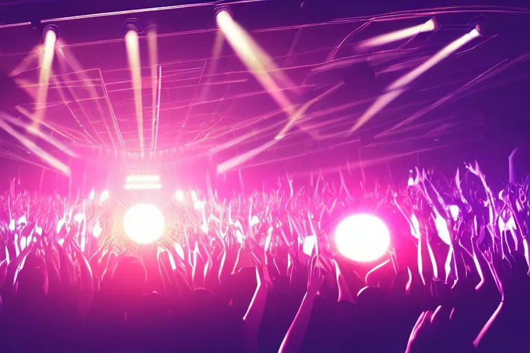 Image similar to dj on stage spinning records with headphones looking over crowd partying with their hands up at a club, volumetric lighting, haze, moving heads light beams, spot lights, disco ball, silhouette, digital art, trending on artstation, 4k, unreal engine, intricate, ornate