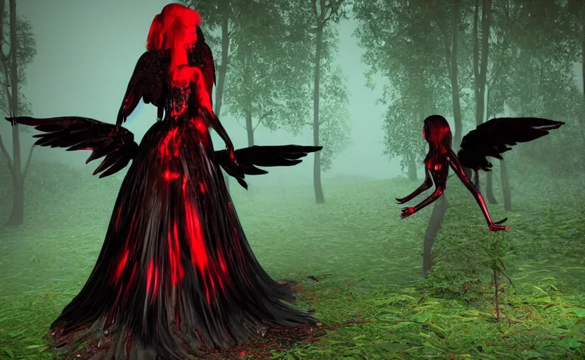 Image similar to Female dark angel in gothic red and black dress, their black wings are extended. She is in the bioluminescent forest. Horror scene, highly detailded. Bronze statue, unreal engine