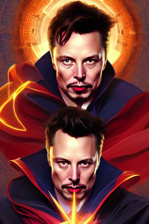 Image similar to elon musk as dr strange, realistic portrait, symmetrical, highly detailed, digital painting, artstation, concept art, smooth, sharp focus, illustration, cinematic lighting, art by artgerm and greg rutkowski and alphonse mucha