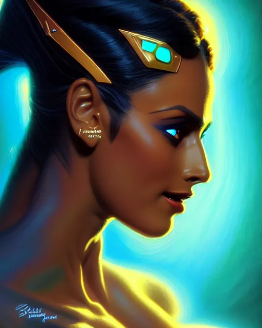 Image similar to symmetra from overwatch, bust, fantasy, fantasy art, fantasy, colorful, elegant, character portrait, portrait, close up, highly detailed, intricate detail, amazing detail, sharp focus, vintage fantasy art, vintage sci - fi art, radiant light, caustics, by boris vallejo