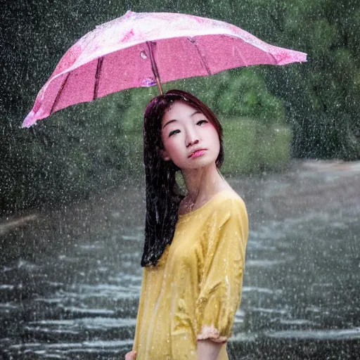 Image similar to centered portrait of beautiful Kawai Japanese girl posing in the rain