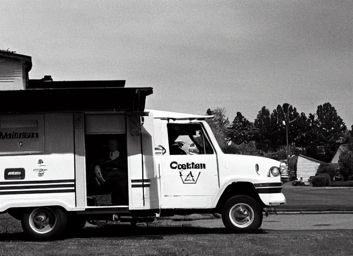 Image similar to a 3 5 mm photo from the back of a mailman delivering the mail to a suburban house in the 1 9 6 0 s, bokeh, canon 5 0 mm, cinematic lighting, dramatic, film, photography, golden hour, depth of field, award - winning, 3 5 mm film grain