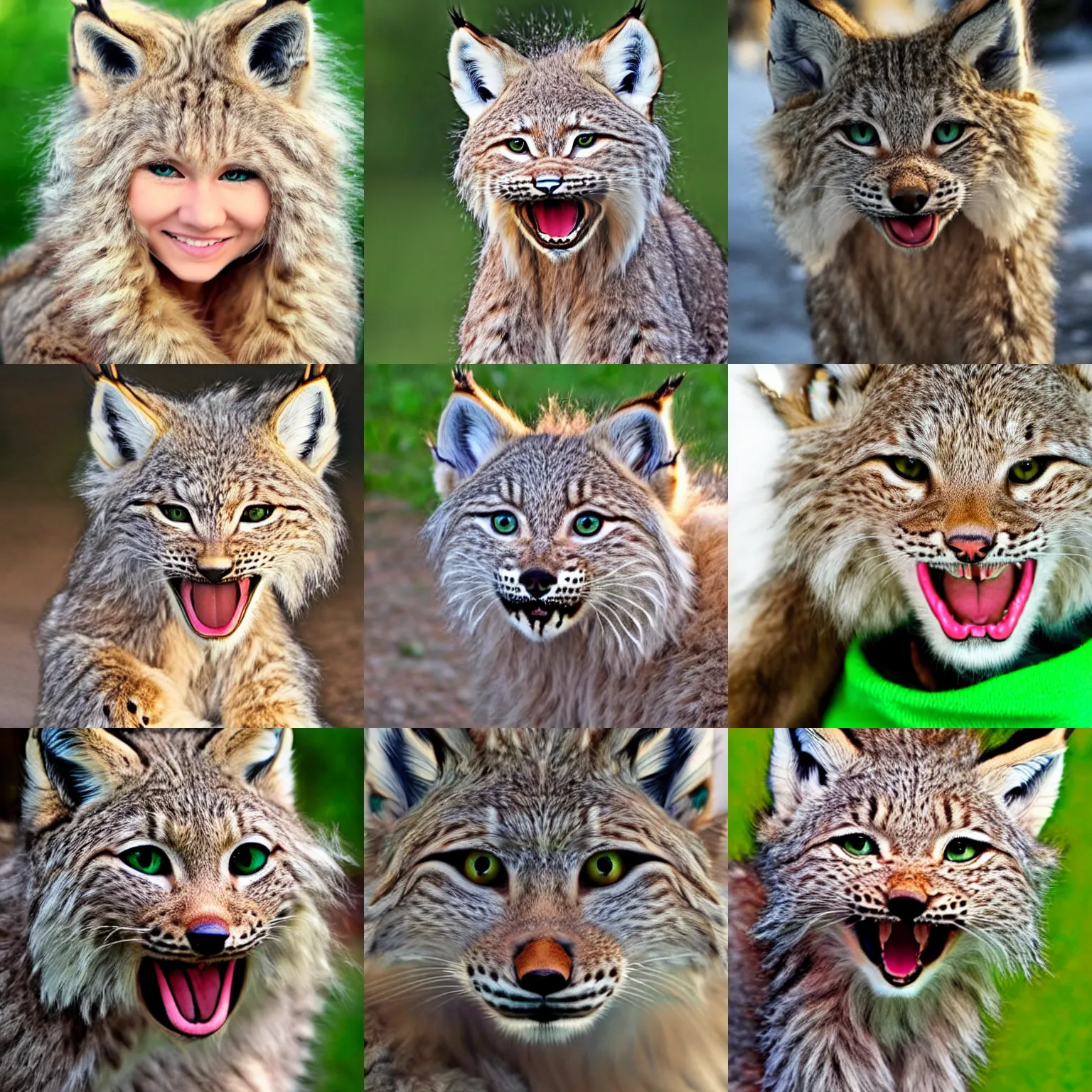 Prompt: cute furry lynx girl | blonde hair | light brown fur | green eyes | smiling, open mouth