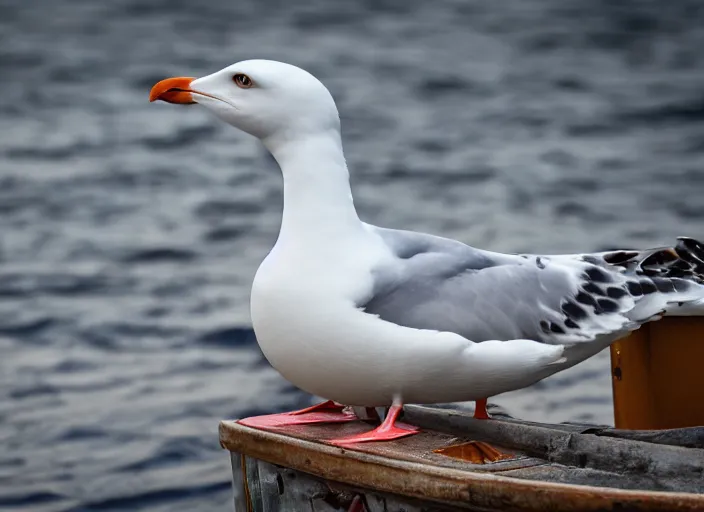 Image similar to a seagull on a fishing boat, nature photography, wildlife photography canon, sony, nikon, olympus, 4 k, hd, telephoto, award winning, depth of field