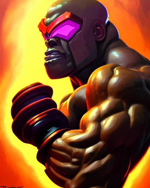 Image similar to doomfist from overwatch, elegant, confident, smug, ripped, buff, strong, colorful, fantasy, fantasy art, character portrait, portrait, close up, highly detailed, intricate detail, amazing detail, sharp focus, vintage fantasy art, vintage sci - fi art, radiant light, caustics, by boris vallejo