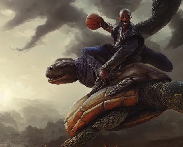 Image similar to kobe bryant riding on a turtle in heaven, fantasy art, in the style of greg rutkowski, illustration, epic art, fantasy, intricate, elgant, amazing detail, digital painting, artstation, concept art, smooth, sharp focus