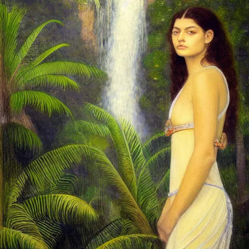 Image similar to a ultradetailed beautiful painting of lorde standing in front of the diamonds waterfall in the amazonas palace balustrade designed by jules bastien - lepage, tarsila do amaral, frank weston and gustave baumann, beach, trending on artstation, mediterranean, palm trees, sharp focus, soft light, 8 k 4 k