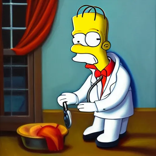 Image similar to doctor home simpson operating on a cat, oil and acrylic on canvas, high detail