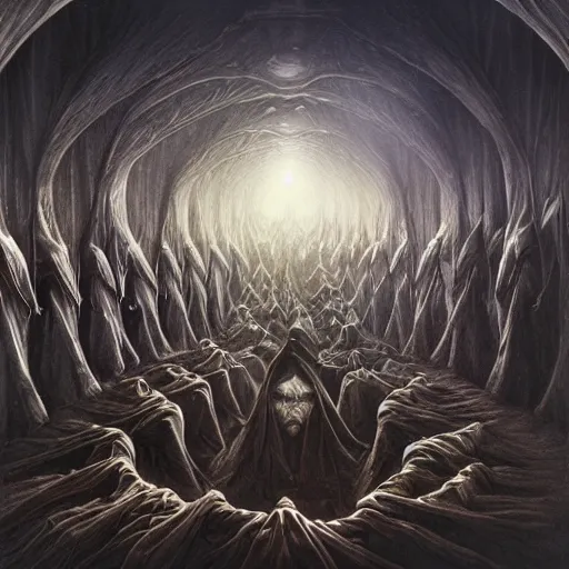 Image similar to a dark cabal of hooded elven mystics in long dark robes gathered in a circular formation around a highly advanced machine containing spirits of the dead, dan seagrave art, michael whelan