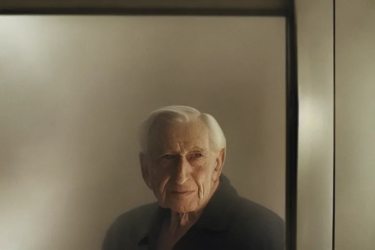 Prompt: a cinematic painting of the a beautiful 7 5 years old man through a steamed up glass window, beautiful lighting, high depth, ultra realistic, artistic, by annie leibovitz