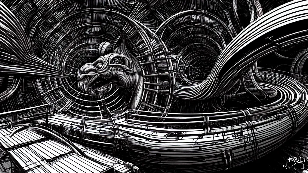 Prompt: comfortable rollercoaster, hyperdetailed, artstation, cgsociety, style of Giger, H. R. GIGER, style of Junji Ito, 4K, highly detailed, minimalistic, minimalistic, minimalistic, fine tuned, machina