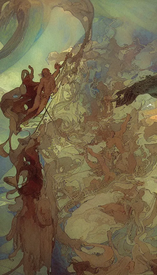 Prompt: man on boat crossing a body of water in hell with creatures in the water, sea of souls, by alfons maria mucha