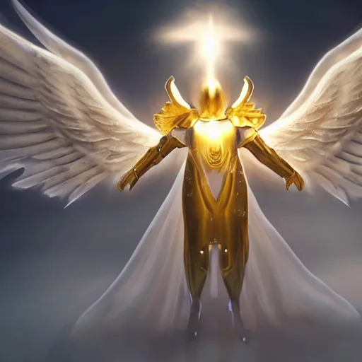 Image similar to Angel in white linen, golden armor, glowing sword in hand, translucent wings, concept character, beautiful, stunning, gold mist, radiating power, energy, god rays, luminescence, fractal, photography, unreal engine, 8k