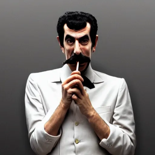 Image similar to A portrait of borat sagdiyev smoking a rolled marijuana joint, 8k, hyper-detailed