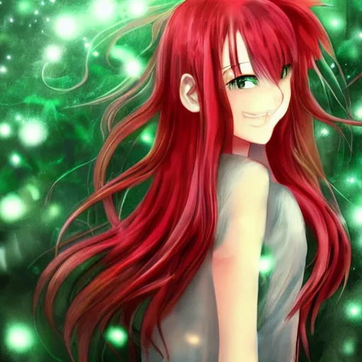 Prompt: anime infp girl with red hair and green eyes, with a bright smile, dreamy, very atmospheric, intricate, hyper detailed digital art