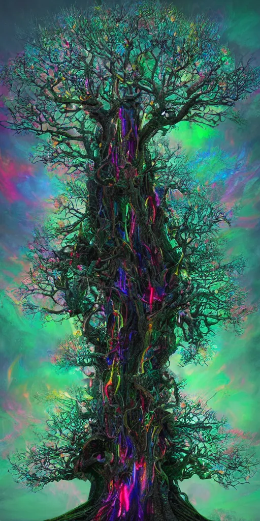 Image similar to impossibly beautiful tree of sacred knowledge, bad trip, insane smile, intricate complexity, surreal horror, inverted neon rainbow drip paint, trending on art station, photoreal, 8 k, octane render by greg rutkowski, and salvador dali