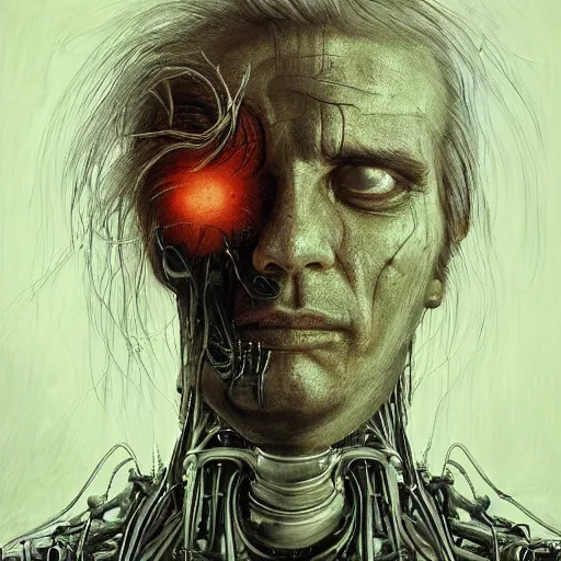 Image similar to surreal portrait of a man by Greg Rutkowski and H.R Giger, he is about 30 years old, messy long black hair, tired appearance, roman nose, peaceful but sad and resigned expression, martyred as a biomechanical transhuman cyborg god, eyes glow electric blue, cosmic void background, frightening, fascinating, highly detailed portrait, digital painting, book cover, artstation, concept art, smooth, sharp foccus ilustration, Artstation HQ.