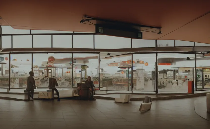 Image similar to cinematic still screenshot of the port byron travel plaza, shot by saul leiter, camera height 7 feet, moody cinematography, 2 4 mm anamorphic lens