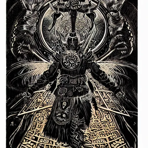 Prompt: black paper + tarot card + Giant Muscular Baphomet wearing Samurai outfit, vintage detailed fantasy illustration painted by Chie Yoshii + psychedelic black light style + intricate ink illustration + symmetry + bloodborne