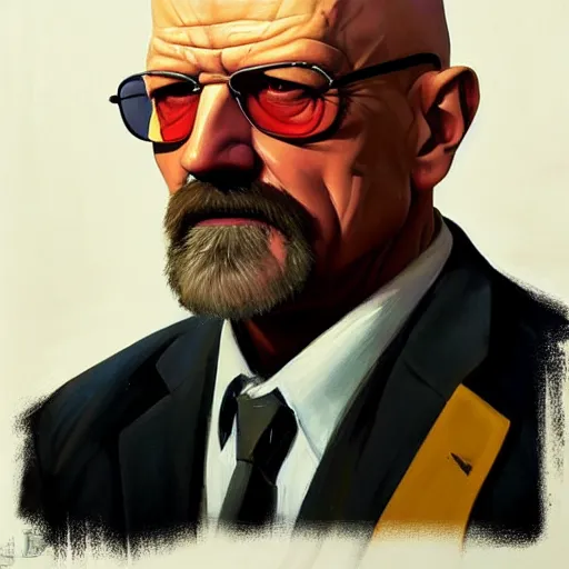 Image similar to Greg Manchess portrait painting of Walther White from breaking bad as Overwatch character, medium shot, asymmetrical, profile picture, Organic Painting, sunny day, Matte Painting, bold shapes, hard edges, street art, trending on artstation, by Huang Guangjian and Gil Elvgren and Sachin Teng