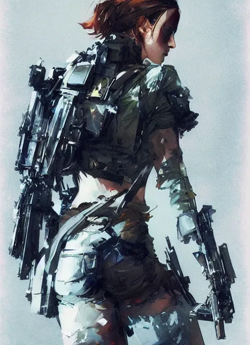 Image similar to emma watson wearing metal gear armor holding ak-47 dramatic lighting art by Yoji Shinkawa by Richard Schmid by greg rutkowski by Sandra Chevrier by Jeremy Lipking cinematic dramatic