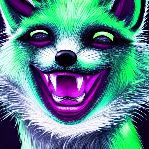 Image similar to close up of photorealistic green fox with green fur and glowing magenta eyes, wearing a black hoodie