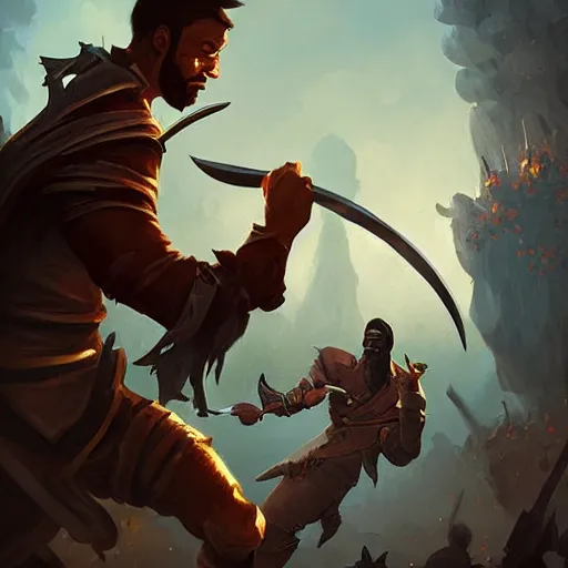 Image similar to a blackman rogue with a kukri fighting a french gentleman with a rapier, epic fantasy digital art, fantasy style art, by Greg Rutkowski, fantasy hearthstone card art style