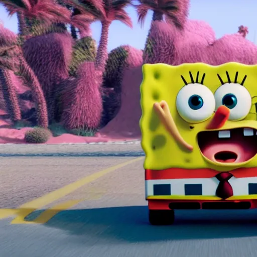Prompt: SpongeBob SquarePants, driving inside a realistic semitruck octane render